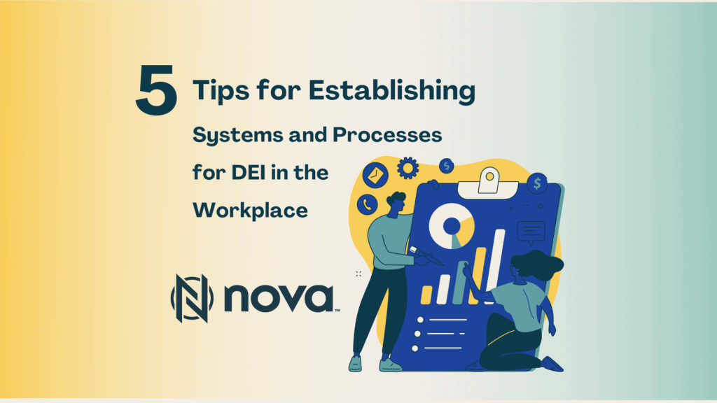 5 Tips for Establishing Systems and Processes for DEI in the Workplace- illustrations of of employees implementing a DEI workplace strategy